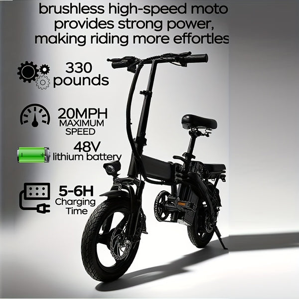 14-inch Lightweight Folding Electric Bicycle, 330 Pound Load-bearing Capacity, 20 Mph, 18-28mile Range, 48V Lithium Battery, Front Headlight & Disc Brake, Alloy Steel Frame, City Commuting, Sturdy Structure, , Clearance Sale, Suitable For Gifting