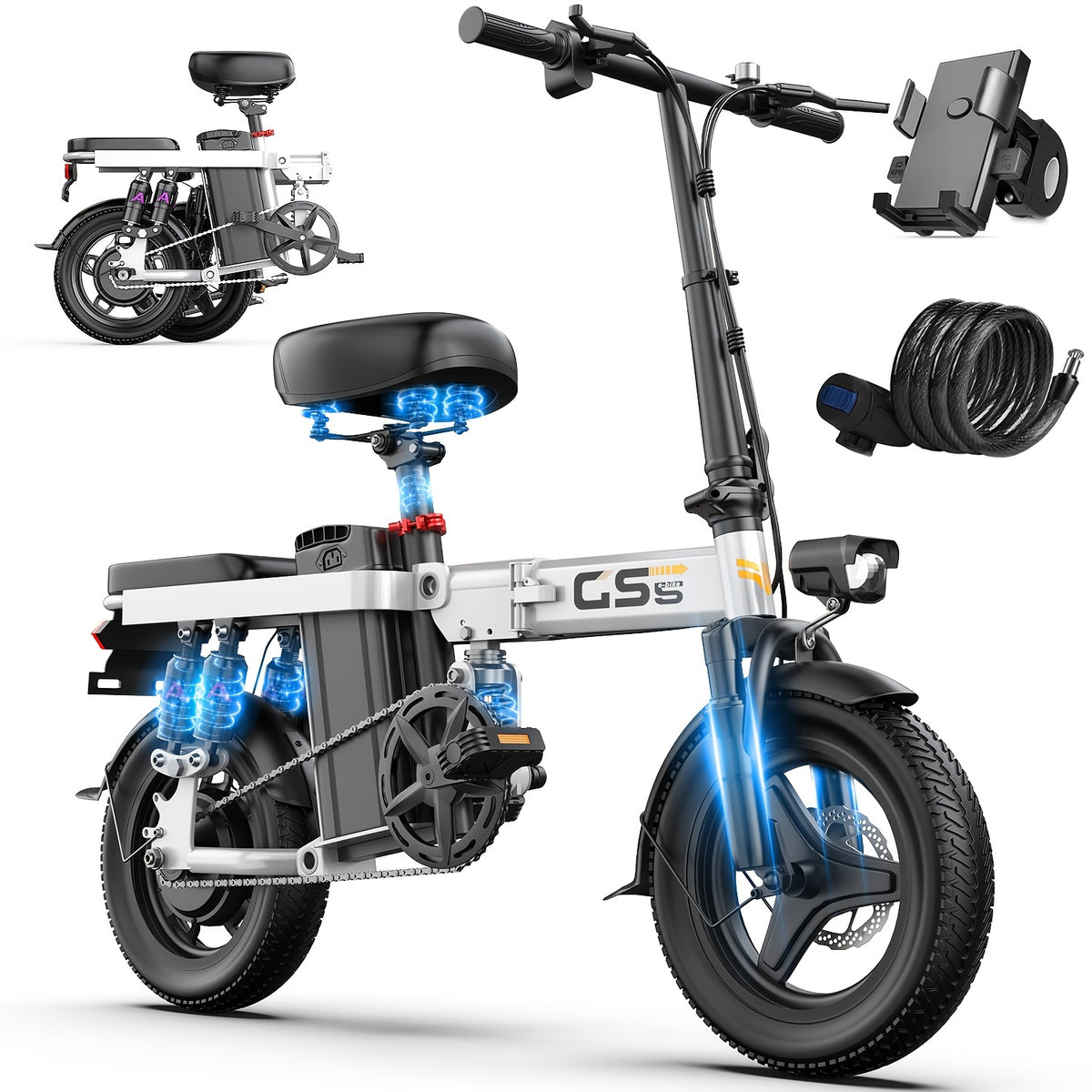 UPlee Peak Power 740W Electric Bike For Adults, 20MPH Full Shock Absorption Comfortable Riding, 48V10AH\u002F15Ah, 10-35Miles Folding Ebike, 14'' Tubeless Off-road Tire, City Commuter Battery Optional