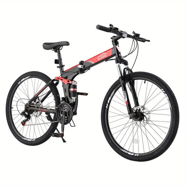 Folding Mountain Bike 26in Folding Mountain Bike - 21-Speed with Disc Brakes, High-Carbon Steel Frame, Alloy Steel Wheels, Front Suspension & Adjustable Saddle Height - Red Urban-Ready Bike for Men & Women, Commuting, Off-Road Adventures