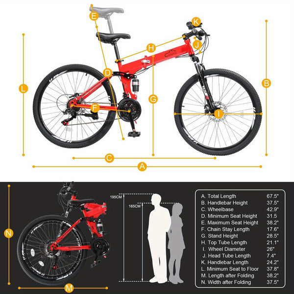 Folding Mountain Bike 26in Folding Mountain Bike - 21-Speed with Disc Brakes, High-Carbon Steel Frame, Alloy Steel Wheels, Front Suspension & Adjustable Saddle Height - Red Urban-Ready Bike for Men & Women, Commuting, Off-Road Adventures