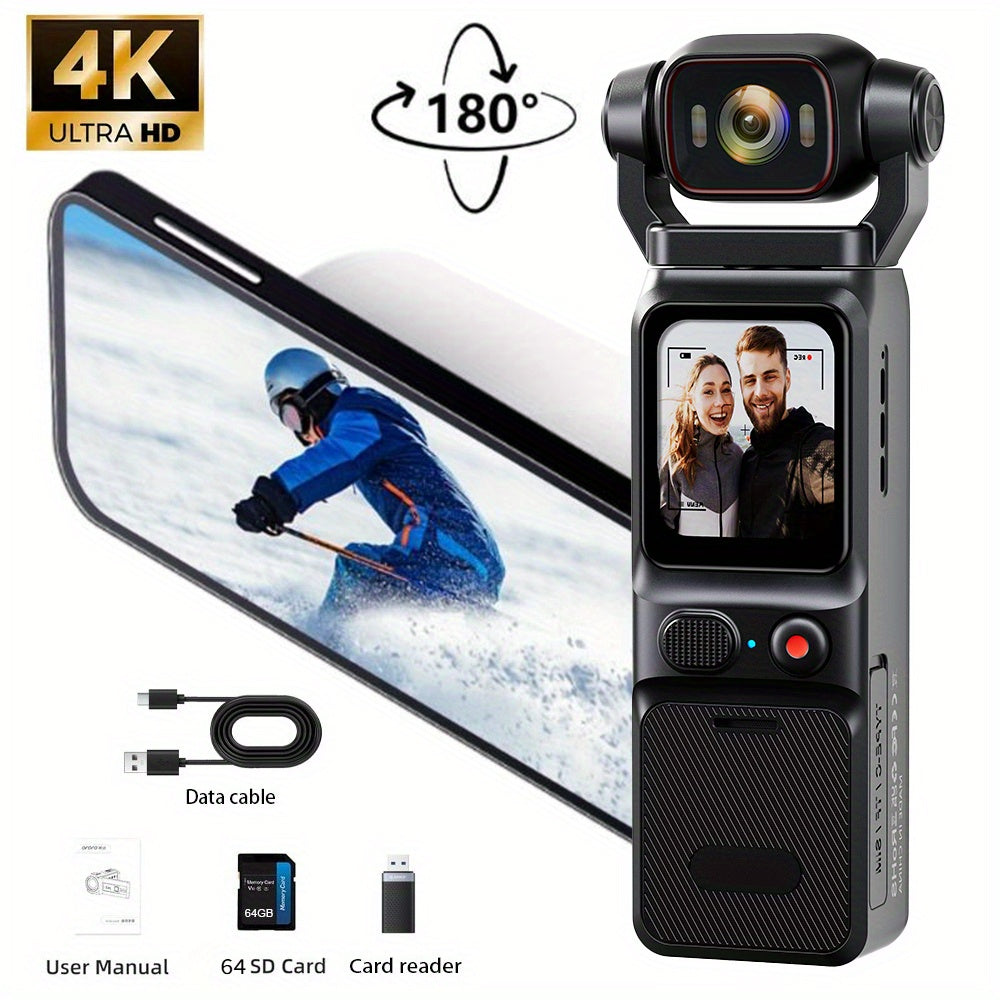 4K HD Video Recording Camera - Portable, Rechargeable Vlogging Camera, 48MP 160° Wide Angle 180° Rotatable Lens, Vlogging Camera With Gyro Stabilization, Time Lapse\u002F Slow Motion, 4K 60FPS, Sports (H.265, 30X Fast Motion, )