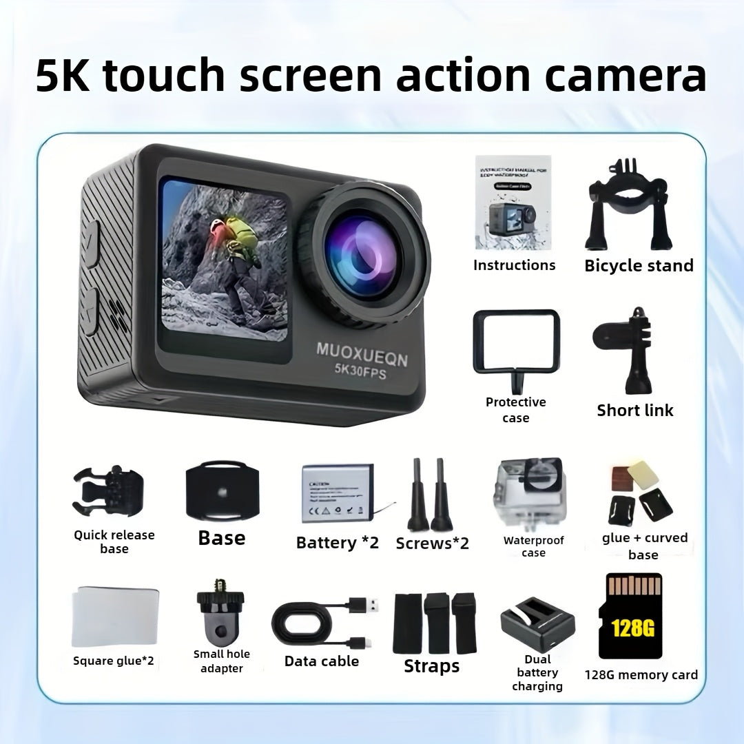 5K 30FPS Action Camera EIS Anti-shake, Battery*2, 15 Accessories, 30-meter Water Resistance, WIFI, Rotatable Touch Screen, Mobile Phone APP Control, Outdoor Extreme Challenge Photography And Video Recording, First-person Perspective Shooting
