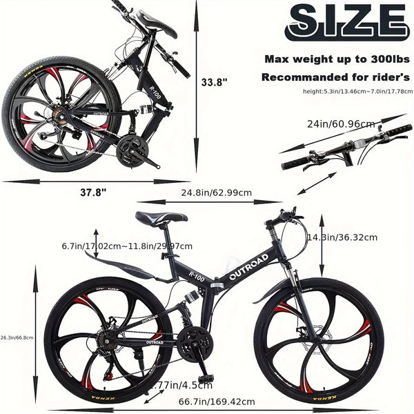 26 Inch Full-Suspension Folding Bike 26-Speed MTB with High-Carbon Steel Frame & Alloy Rims, Dual Disc Brakes & Foldable Design - Heavy-Duty Adult Folding Bicycle for Men\u002FWomen, Off-Road, Trail, Urban Commute ()
