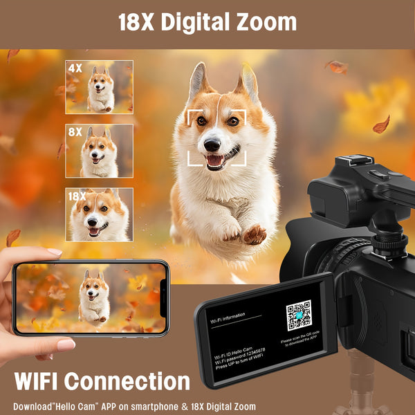 6K 64MP Video Camera Camcorder, 18X Digital Zoom IR Night Vision Vlogging, 4.0\
