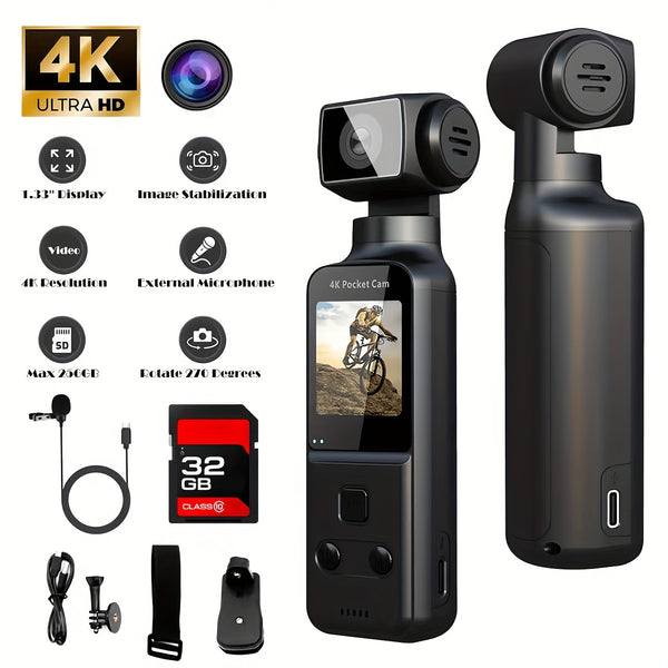 4K, Portable 4K HD Video Recording Camera - Portable, Rechargeable, Vlogging Camera, 4k Handheld Stabilizer Pocket Action Camera Gimbales | 4k Handheld Stabilizer | Magnet | 270° Viewing Angle, Body Camera, US Effect, USB Charging 270° Swivel, 1.33 \