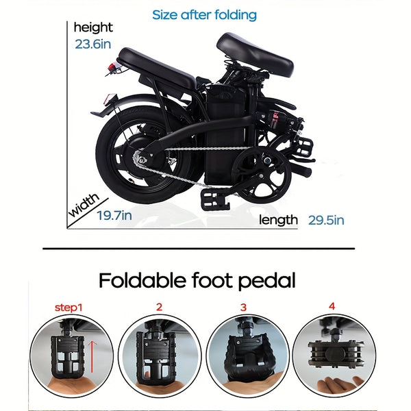 14-inch Lightweight Folding Electric Bicycle, 330 Pound Load-bearing Capacity, 20 Mph, 18-28mile Range, 48V Lithium Battery, Front Headlight & Disc Brake, Alloy Steel Frame, City Commuting, Sturdy Structure, , Clearance Sale, Suitable For Gifting