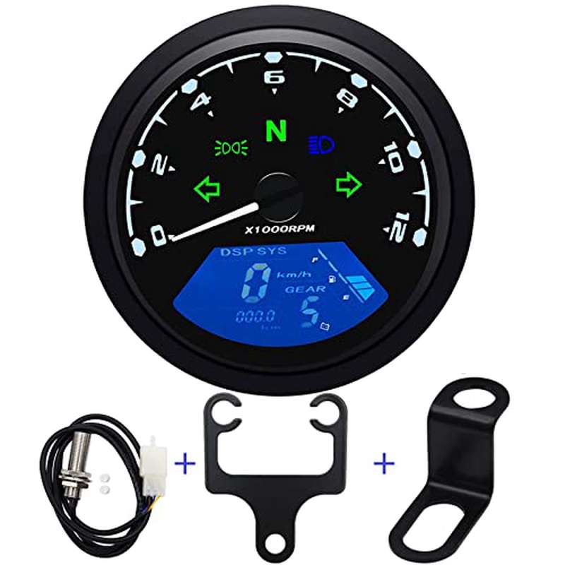 Digital Motorcycle Speedometer Gauge with Sensor & Bracket - LCD Tachometer\u002FOdometer, MPH\u002FKMH Speed Meter, 6-Speed Display, Fuel Gauge for 1\u002F2\u002F4 Cylinder, Compatible for 8\