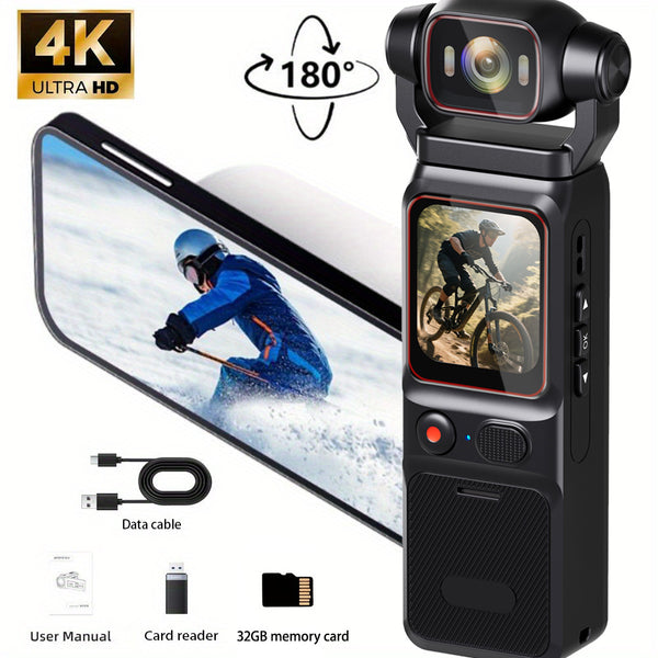 Portable HD Action Camera with Gyro Stabilizer & Anti-Shake, 180° Rotatable Lens, Extended Battery Life, Slow Motion & Loop Recording - Vlogging Camera for VR\u002F360 Video, FPV, Outdoor Shooting, Compatible with TF Card (No \u002F)