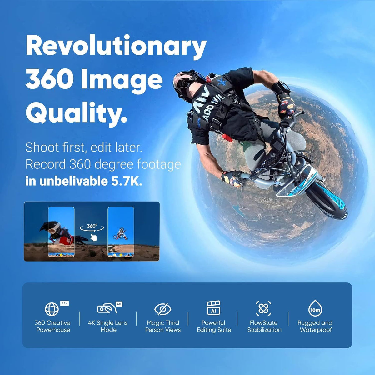 Insta360 X3 Waterproof 360 Action Camera 5.7K 72MP 360 Photo, 4K Single-Lens, 60fps Touchscreen, AI Editing (Renewed)