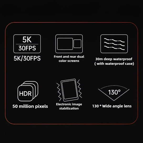 5K 30FPS Action Camera EIS Anti-shake, Battery*2, 15 Accessories, 30-meter Water Resistance, WIFI, Rotatable Touch Screen, Mobile Phone APP Control, Outdoor Extreme Challenge Photography And Video Recording, First-person Perspective Shooting