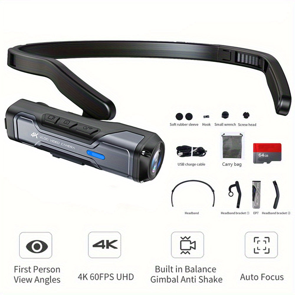 4K Wearable Camera 4K\u002F60FPS Wearable Camera | Hands-Free POV Capture, Head-Mounted Sports Camera, HD Outdoor Sports Camera, Smart Anti-Shake Ride Recorder - 64GB Memory Card