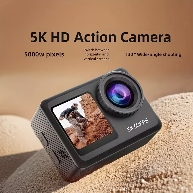 5K 30FPS Action Camera EIS Anti-shake, Battery*2, 15 Accessories, 30-meter Water Resistance, WIFI, Rotatable Touch Screen, Mobile Phone APP Control, Outdoor Extreme Challenge Photography And Video Recording, First-person Perspective Shooting