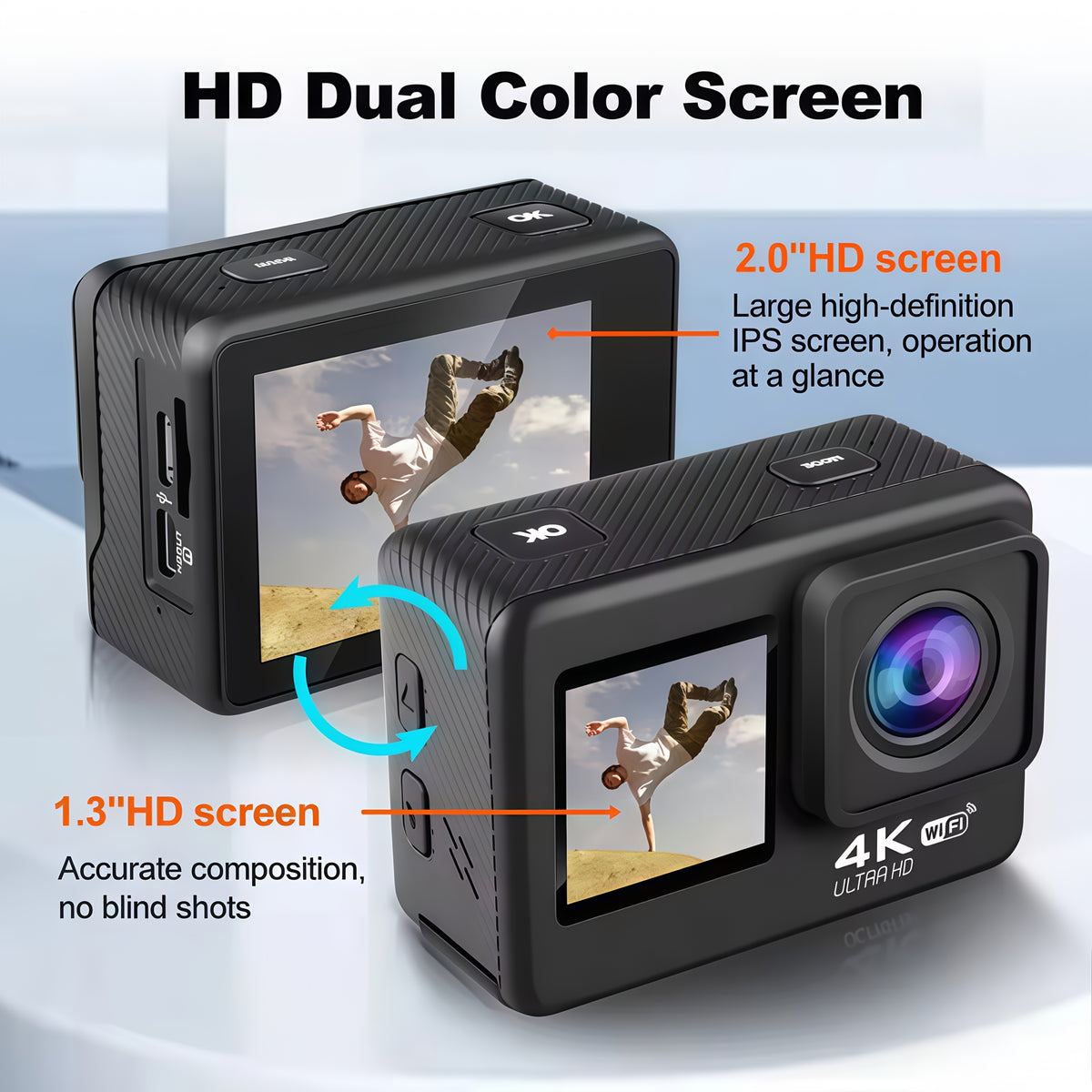 4K Action Camera Ultra HD 4K 60FPS Dynamic Camera, 20MP EIS Action Camera | Dual Screen Wi-Fi Touch Screen 170° Wide Angle Vlog Camera with Remote Control 4x Zoom and 32G Memory Card