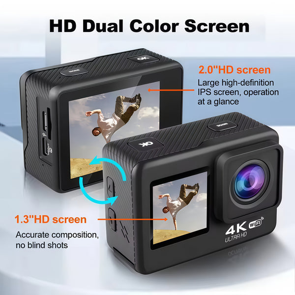 4K Action Camera Ultra HD 4K 60FPS Dynamic Camera, 20MP EIS Action Camera | Dual Screen Wi-Fi Touch Screen 170° Wide Angle Vlog Camera with Remote Control 4x Zoom and 32G Memory Card