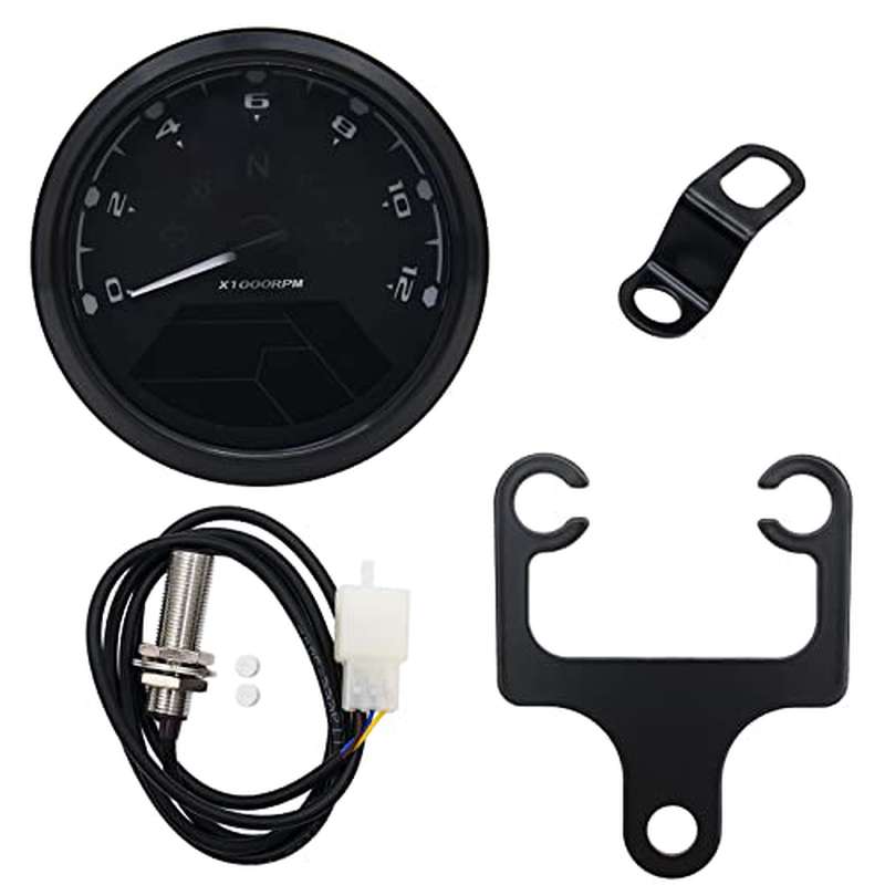 Digital Motorcycle Speedometer Gauge with Sensor & Bracket - LCD Tachometer\u002FOdometer, MPH\u002FKMH Speed Meter, 6-Speed Display, Fuel Gauge for 1\u002F2\u002F4 Cylinder, Compatible for 8\