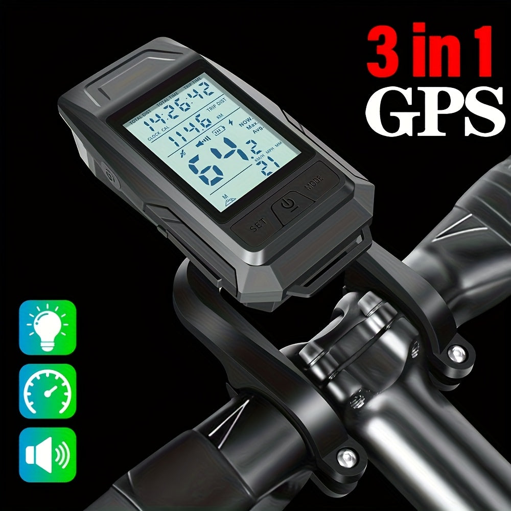 3in1 GPS Bicycle Computer, Strong LED Headlight + GPS Speedometer + Horn, Bike Speedometer, Ideal for Mountain And Road Bikes, Cycling Compture, Bicycle Computer Extension Bracket, Wireless Bike Odometer, Outdoor Cycling Accessories, Christmas Gift
